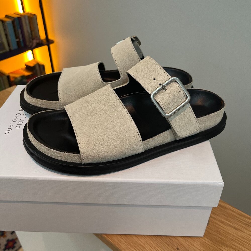 Studio Nicholson Suede Split Buckle Slides Cream Size 38 or 7.5 Like New in Box